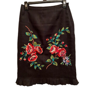 Richard Malcolm Black Linen Multi Color‎ Floral Embroidery Ruffle Pencil Skirt